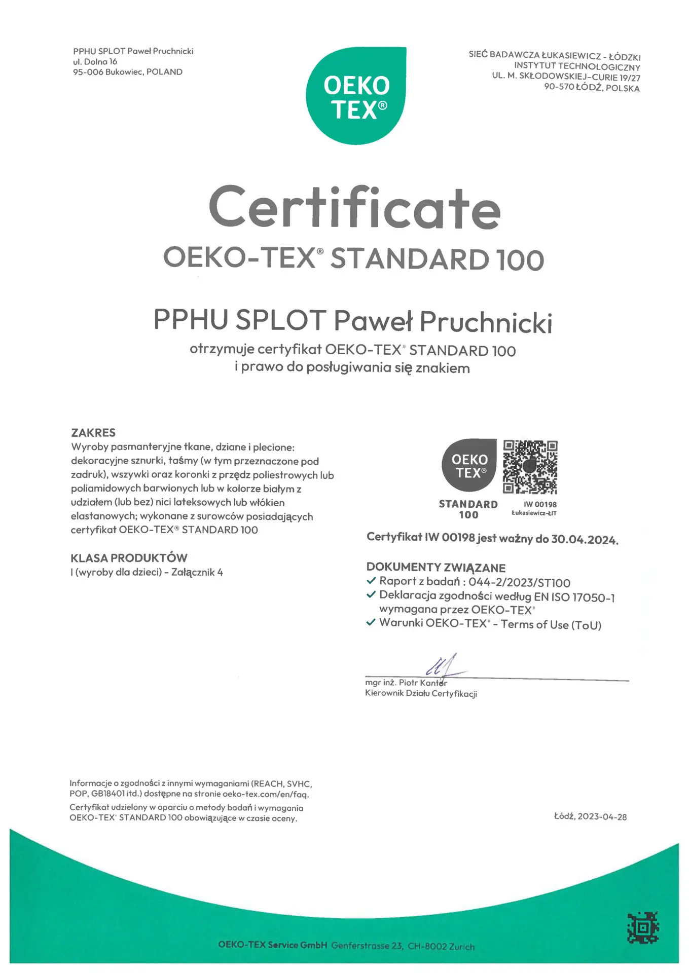 Certification document for textile materials SPLOT-PAS