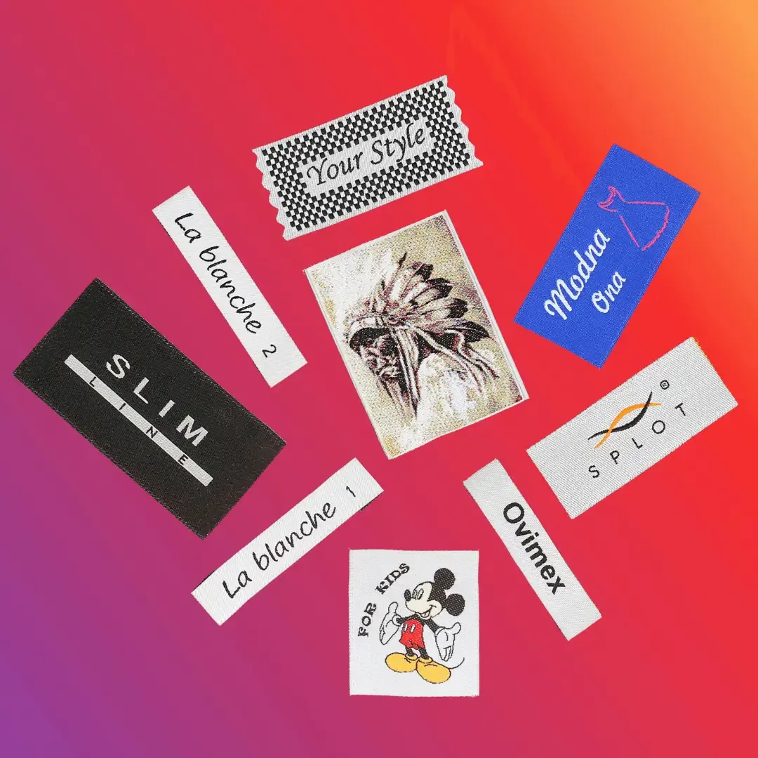 Set of colored jacquard woven labels with brand names