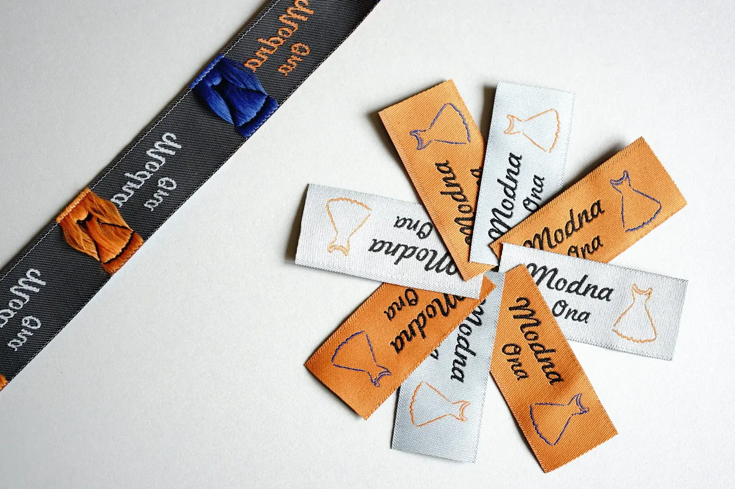 Orange, navy and white woven jacquard label premium